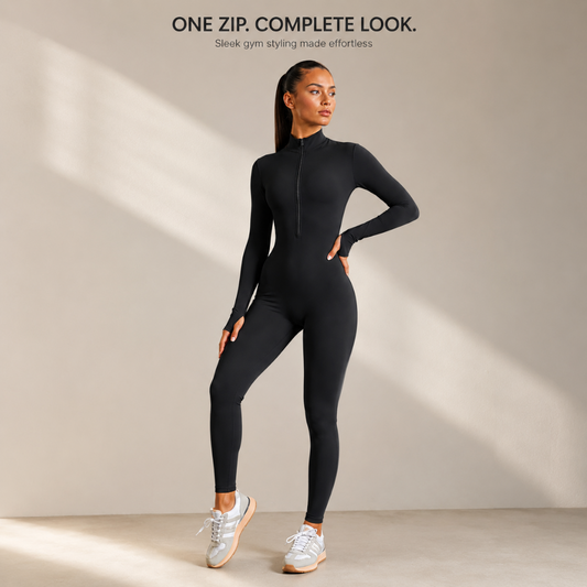 Women's Long Sleeve Yoga Jumpsuit | Zip Front Fitness Bodysuit | One Piece Workout Outfit | Gym Activewear Romper