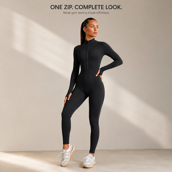 Women's Long Sleeve Yoga Jumpsuit | Zip Front Fitness Bodysuit | One Piece Workout Outfit | Gym Activewear Romper