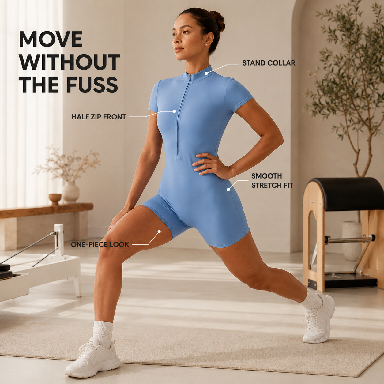 Women’s Yoga Jumpsuit | Half Zip Short Sleeve Romper | Stand Collar Fitted Workout Unitard | Stretch Pilates Bodysuit