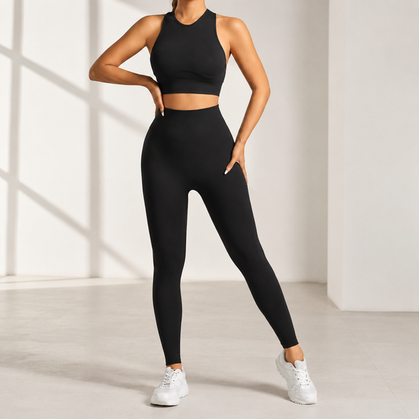 Seamless Yoga Set | High Waist Leggings Outfit | Ribbed Workout Set | Criss Cross Back Gym Wear