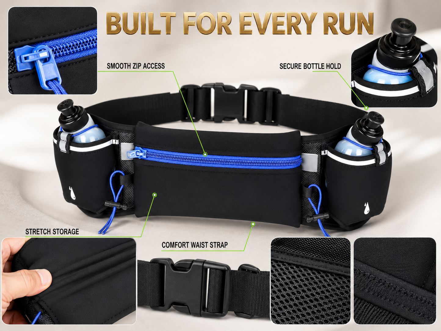 Running Waist Pack For Phone | Dual Bottle Hydration Belt | Trail Marathon Waist Bag | Gym Jogging Pocket Pouch