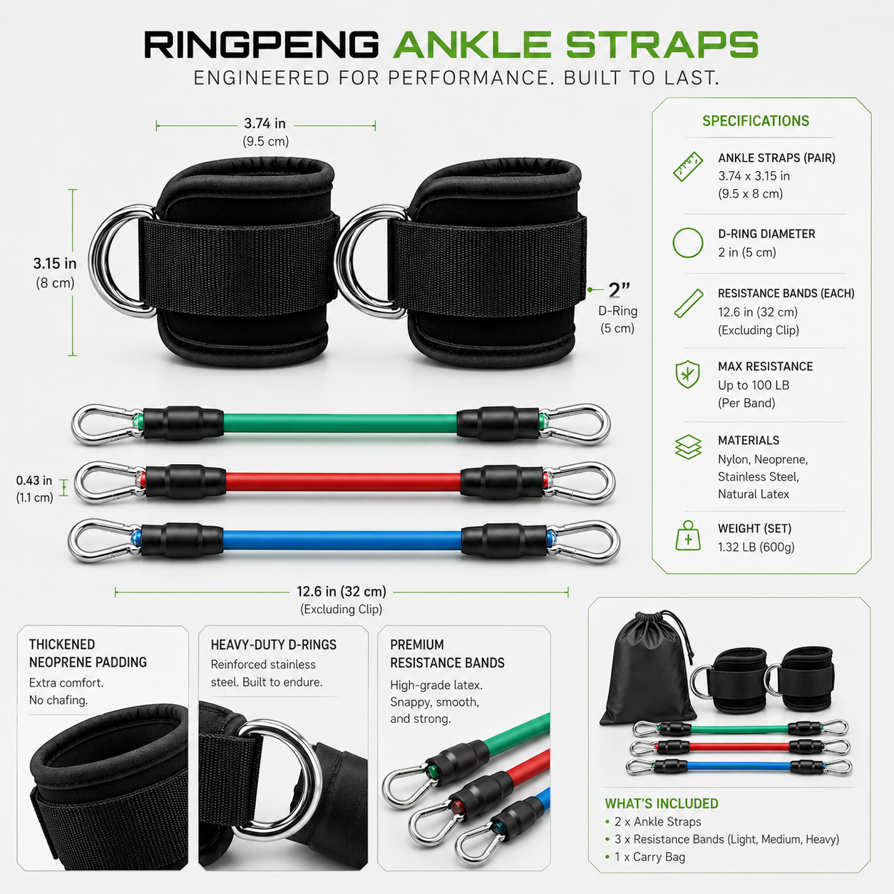 Ankle Strap Resistance Band Set for Glute Workouts – Adjustable Ankle Cuffs with Resistance Bands for Legs & Booty Training