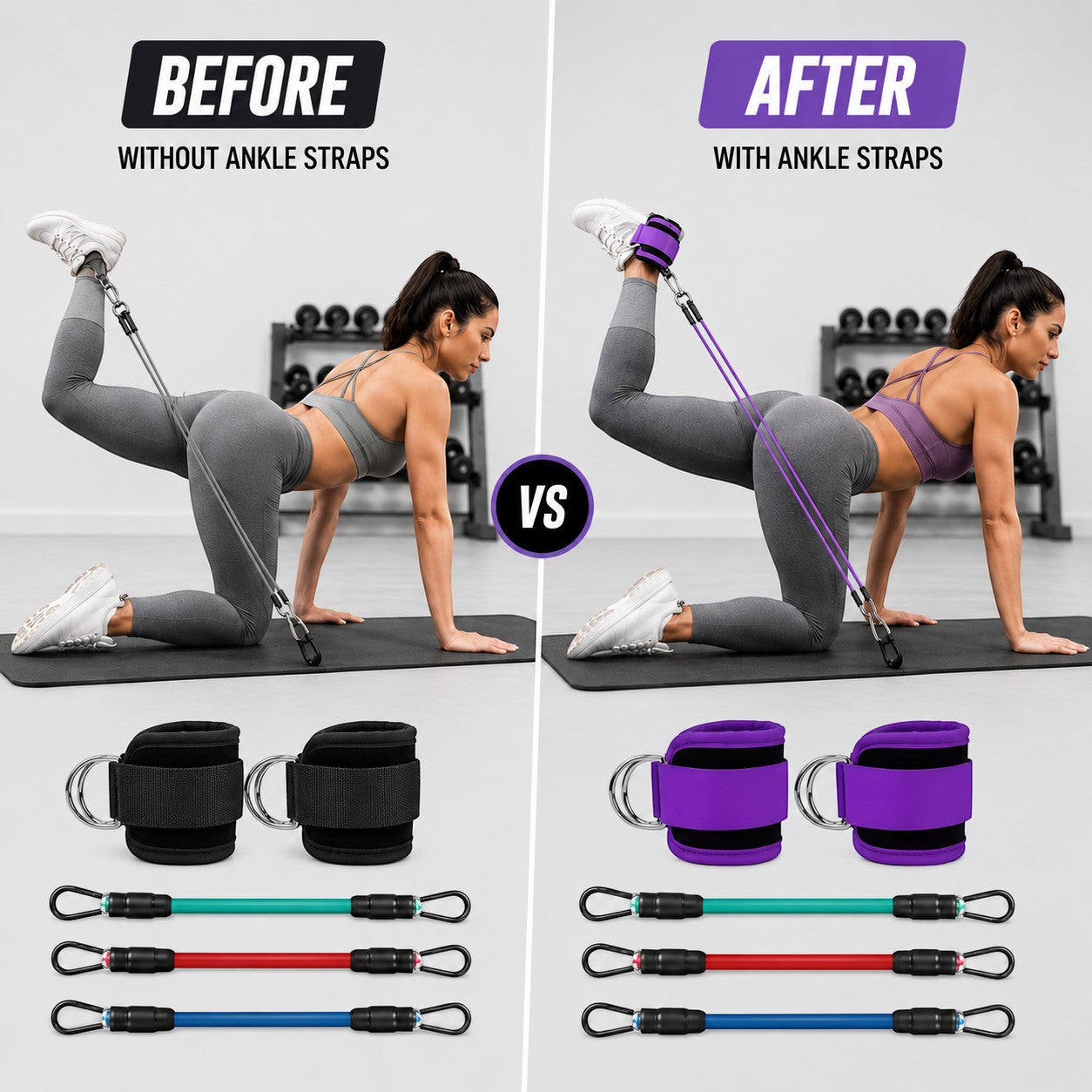 Ankle Strap Resistance Band Set for Glute Workouts – Adjustable Ankle Cuffs with Resistance Bands for Legs & Booty Training