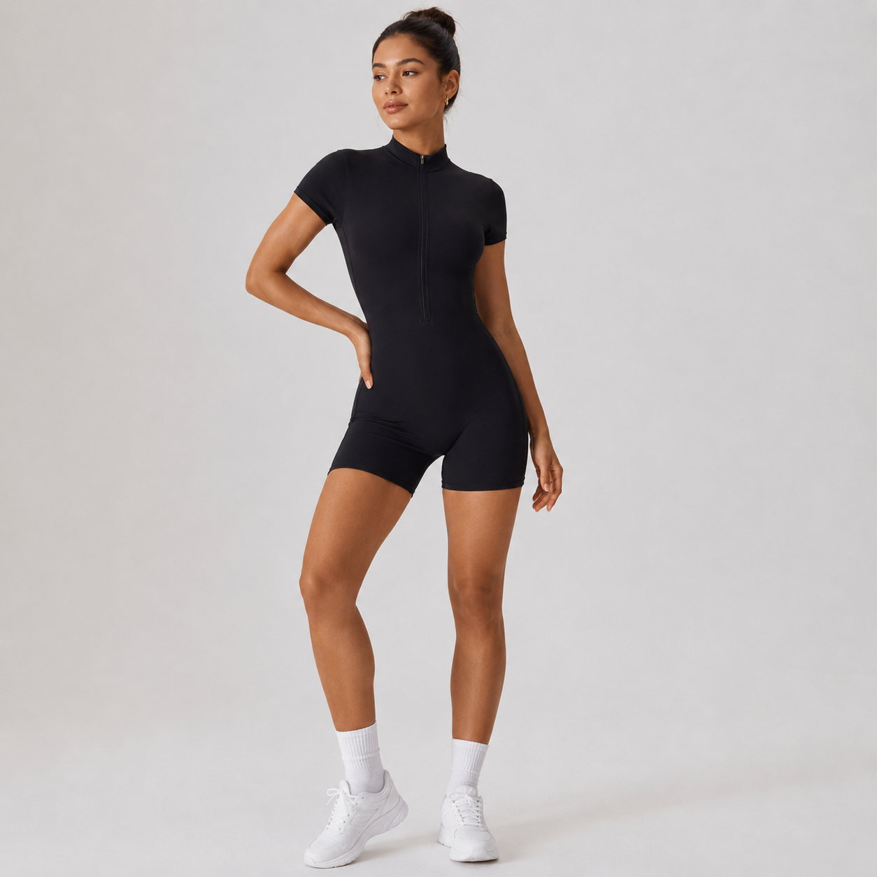 Women’s Yoga Jumpsuit | Half Zip Short Sleeve Romper | Stand Collar Fitted Workout Unitard | Stretch Pilates Bodysuit