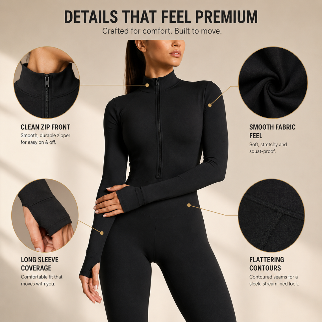 Women's Long Sleeve Yoga Jumpsuit | Zip Front Fitness Bodysuit | One Piece Workout Outfit | Gym Activewear Romper