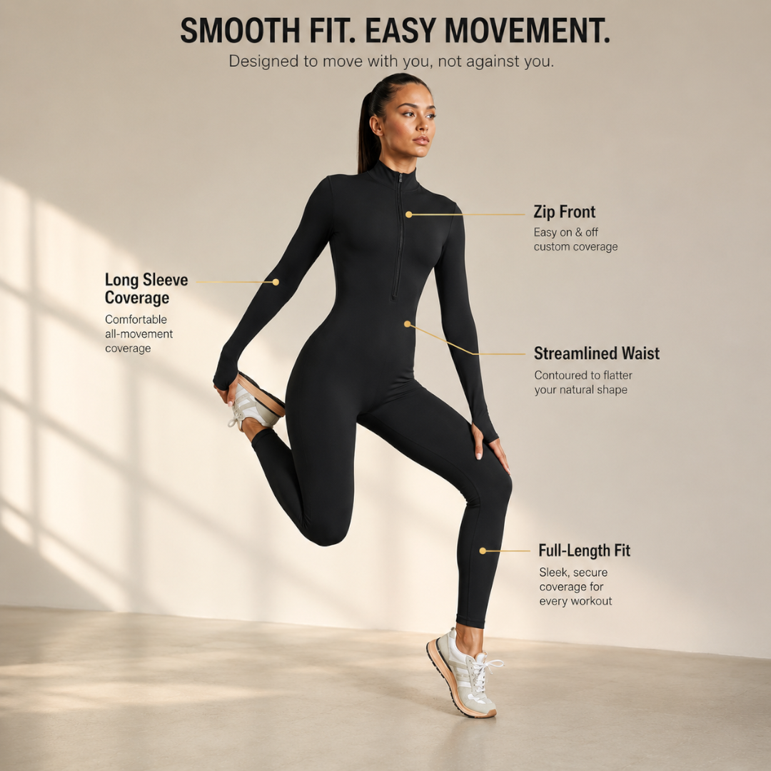 Women's Long Sleeve Yoga Jumpsuit | Zip Front Fitness Bodysuit | One Piece Workout Outfit | Gym Activewear Romper