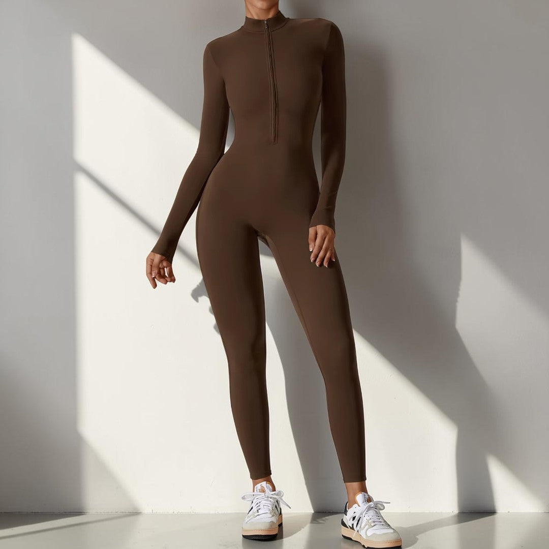 Women's Long Sleeve Yoga Jumpsuit | Zip Front Fitness Bodysuit | One Piece Workout Outfit | Gym Activewear Romper